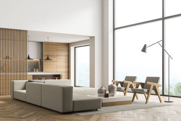 istock Corner view of beige and white panoramic living room with kitchen 1347346604