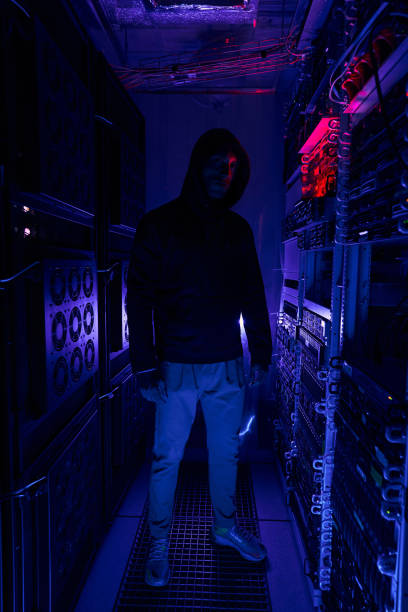 istock Male hacker in hoodie among server racks 1347347338