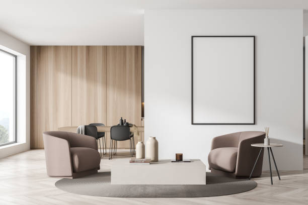 istock White and brown seating area with canvas and wooden kitchen room 1347347912
