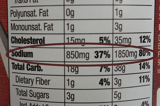 Product nutrition label with emphasis on high sodium content. The FDA wants food manufacturers to cut back on sodium as Americans are eating too much salt.