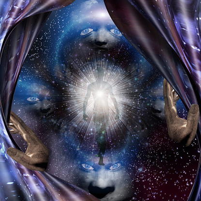 Soul or aura emerges from vivid space. 3D rendering.