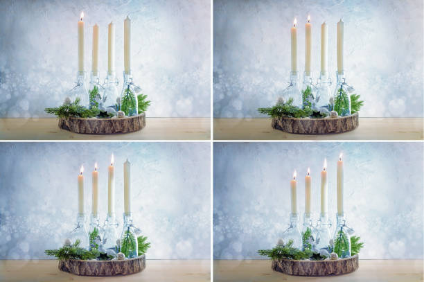 serie di quattro immagini con candele bianche dal primo al quarto avvento, bottiglie di vetro come portacandele e decorazioni natalizie su uno sfondo innevato azzurro, spazio copia - advent wreath foto e immagini stock