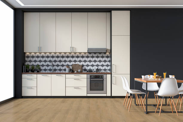 istock Modern kitchen and dining room 70's retro style 1347350593