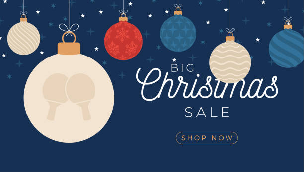 Ping pong christmas sale banner. Merry Christmas and Happy New Year flat cartoon Sports banner. table tennis ball as a xmas ball on background. Vector illustration. Ping pong christmas sale banner. Merry Christmas and Happy New Year flat cartoon Sports banner. table tennis ball as a xmas ball on background. Vector illustration. table tennis funny stock illustrations