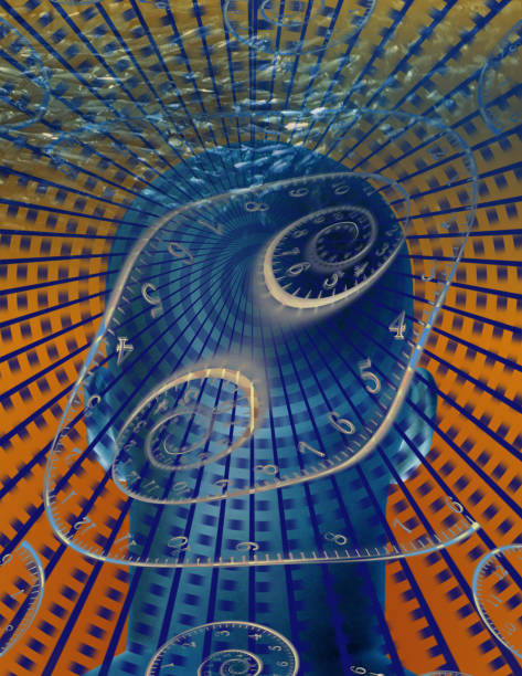 Bald man head and time spirals. 3D rendering