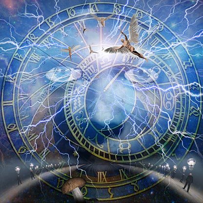 Mystic face, angels and astronomic clock. 3D rendering.
