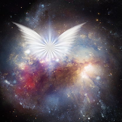 Angel wings in the cosmos. 3D rendering.