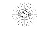 istock Vintage megaphone with sunbeams on grunge background. Loudspeaker linear icon. Vector illustration. 1347359986