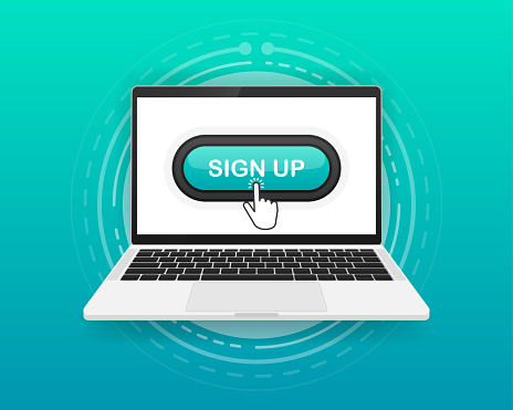 Sign UP, button and hand cursor on the screen computer. Green button sign up in internet, platform. Vector illustration