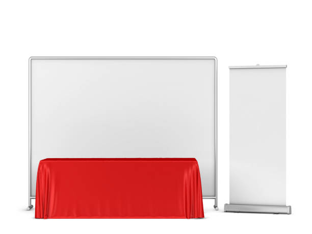 istock Blank tradeshow tablecloth with backdrop and rollup banners mockup 1347361086
