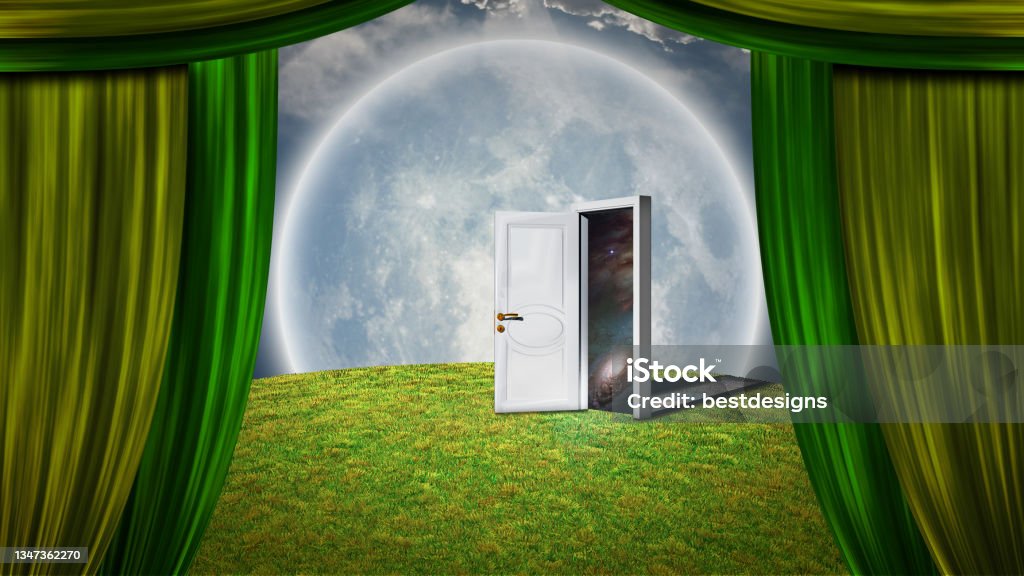 Door to Another Universe Door to another universe. Green curtains. 3D rendering. Agricultural Field Stock Photo