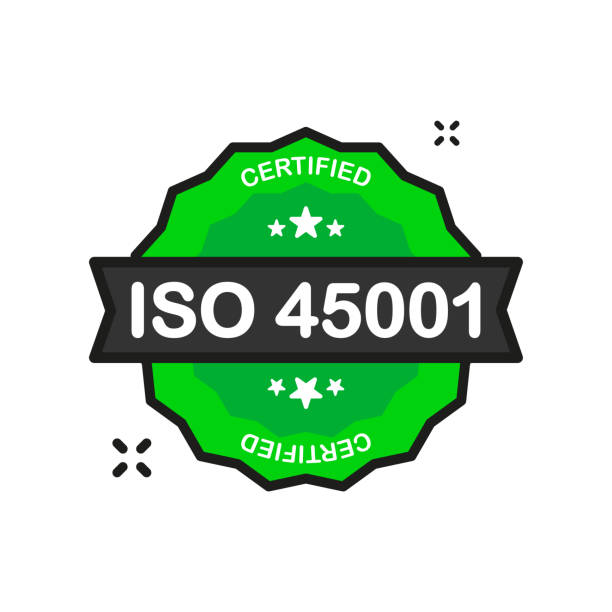 illustrazioni stock, clip art, cartoni animati e icone di tendenza di iso 45001 timbro vettoriale verde certificato. etichetta di certificazione piatta isolata su sfondo bianco. concetto di sicurezza alimentare. illustrazione vettoriale. - quartermaster