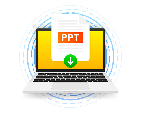 Download PPT icon file with label on screen computer. Downloading document concept. Vector illustration