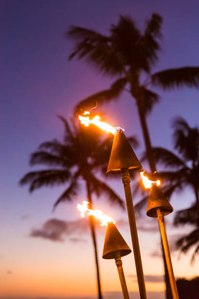 Hawaii sunset with lit tiki torches. Hawaiian icon, lights burning at dusk at beach resort or restaurants for outdoor lighting and decoration, cozy atmosphere. stock photo