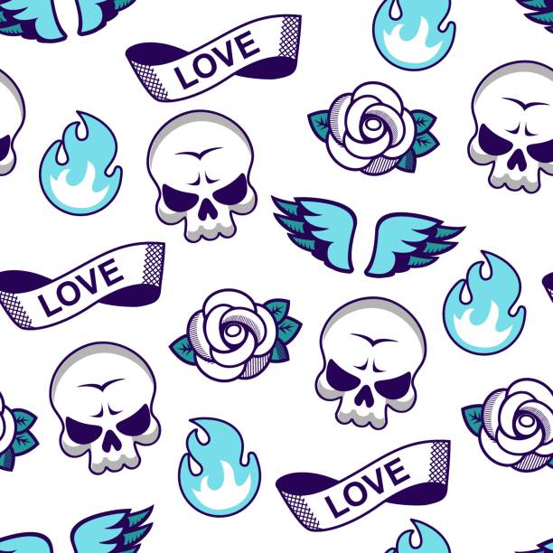 ilustrações de stock, clip art, desenhos animados e ícones de rock and roll vintage seamless vector pattern with skulls - pop art skull backgrounds pattern