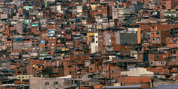 View of shacks in slum or favela in portuguese, a poor neighborhood in Sao Paulo city, Brazil