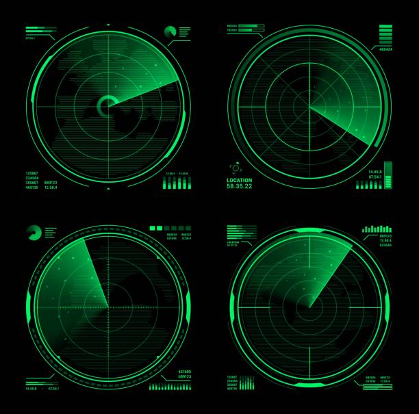 HUD military radar, sonar display screen interface HUD military radar or vector navy sonar display screen interface of navigation system. Futuristic digital head up display of army search technology, green neon grid of detection equipment flight radar screen stock illustrations