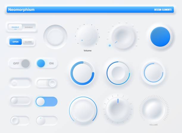 ilustrações, clipart, desenhos animados e ícones de kit de interface do usuário de botão neumorfórfico, aplicativo móvel - sliding control panel control playing