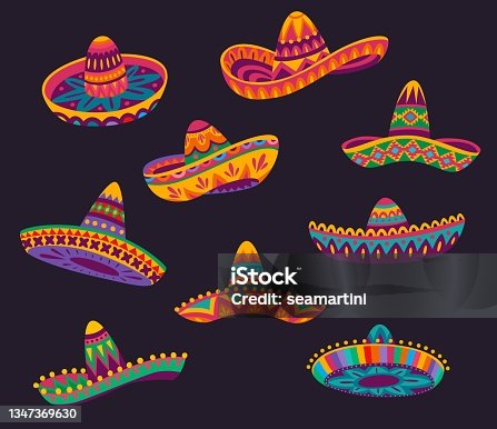 istock Cartoon Mexican sombrero hats with ethnic pattern 1347369630