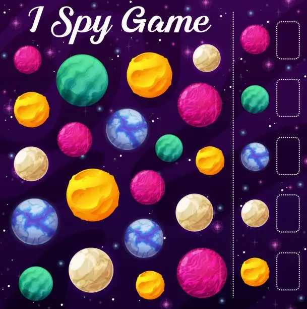 Vector illustration of Kids I spy game with cartoon vector space planets