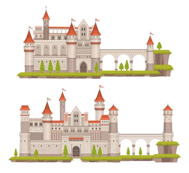 stockillustraties, clipart, cartoons en iconen met cartoon medieval fairytale castle with towers - ophaalbrug