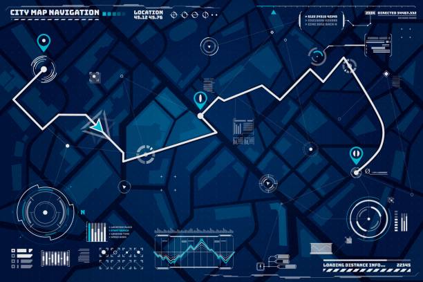 ilustraciones, imágenes clip art, dibujos animados e iconos de stock de interfaz vectorial de pantalla de mapa de ciudad de navegación hud - sistema de posicionamiento global