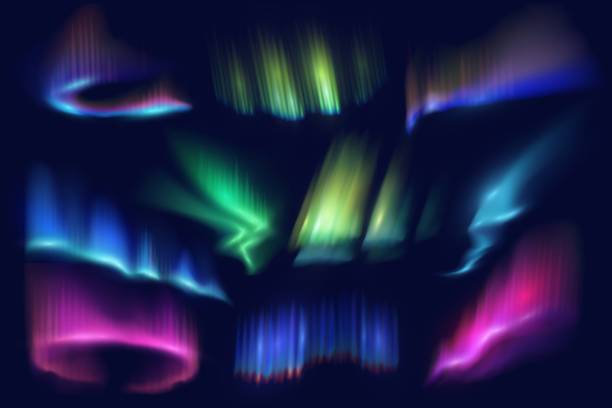 Northern polar lights and aurora borealis glow Northern polar lights and aurora borealis glow. Realistic vector waves and swirls of green, pink and blue auroras, shining northern and southern lights on dark night sky background, Arctic nature aurora borealis abstract stock illustrations