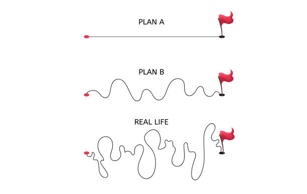 ilustraciones, imágenes clip art, dibujos animados e iconos de stock de concepto de plan con ruta suave a y carretera dura b vs vida real desordenada con banderas al final. ilustración plana vectorial aislada sobre fondo blanco - easy street