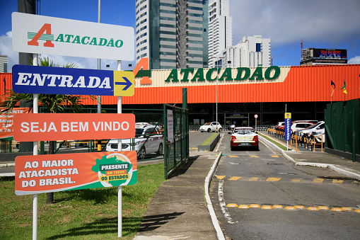 salvador, bahia, brazil - july 20, 2021: Facade of the Atacadao supermarket in the city of Salvador.\
