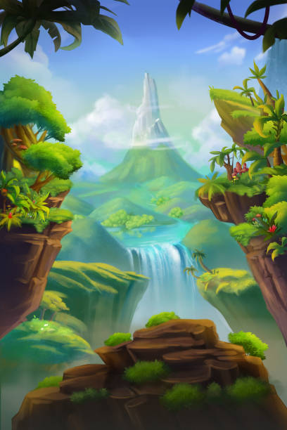 Mountain Forest. Nature Scene. Fantasy Backdrop. Concept Art. Realistic Illustration. Video Game Background. Digital Painting. CG Artwork. Scenery Artwork. Serious Painting. Book Illustration. jungle landscape stock illustrations