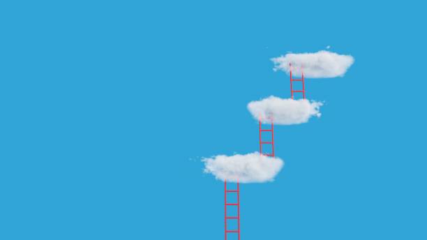 istock Red ladder step to fluffy cloud on blue sky.The way to success concept.3d rendering illustration. 1347386116