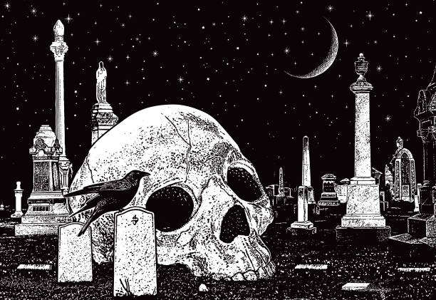 Spooky cemetery with skull and raven Vector illustration of a Spooky cemetery with skull and raven demon fictional character illustrations stock illustrations