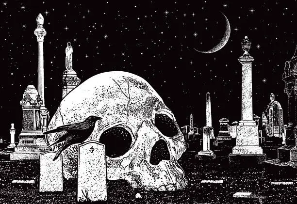 Vector illustration of Spooky cemetery with skull and raven