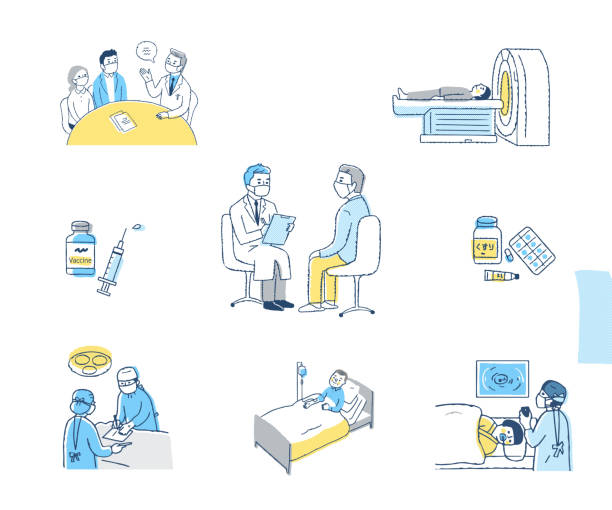 soubor ilustrací zdravotníků a různých lékařských scén - lékařský zákrok stock ilustrace