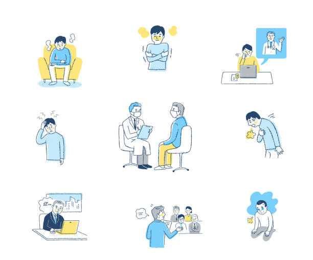 A set of various scene illustrations of men who are in poor physical condition Illness, medical care, patients, symptoms, men, lifestyle healthcare and medicine business hospital variation stock illustrations