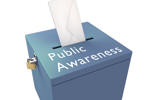 3d illustration of Public Awareness title on ballot box, isolated on white.