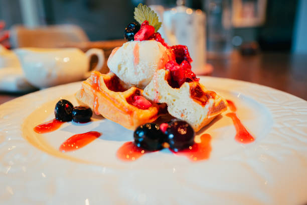 Belgian waffles with vanilla ice cream at the lunch, Aug. 2021