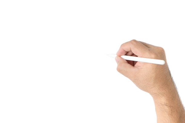 istock Man hand is ready for drawing pen tablets isolated on white background, 1347397091