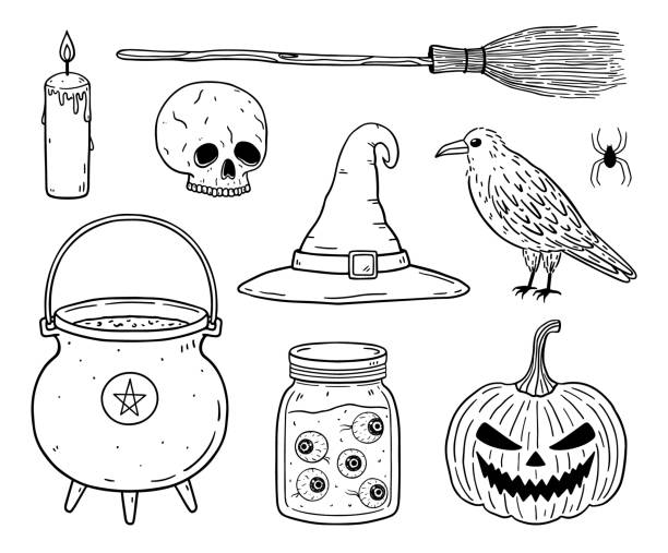 ilustraciones, imágenes clip art, dibujos animados e iconos de stock de conjunto de garabatos de elementos de halloween: calavera, cuervo, caldero de bruja, escoba y sombrero, linterna de calabaza espeluznante, frasco con globos oculares. ilustración vectorial dibujada a mano. perfecto para diseños navideños, decoraciones. - wizard magic broom stick