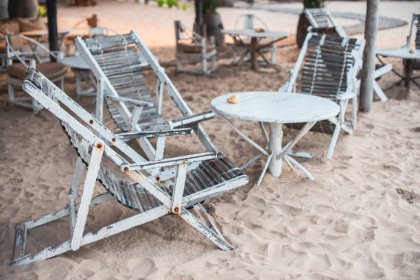 istock Empty beach chairs seen outdoors 1347402924