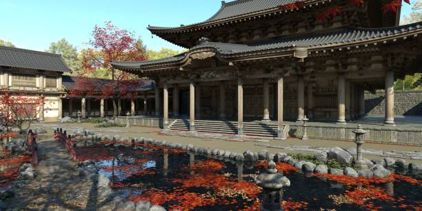 istock Old japanese palace in the fall 3d illustration 1347406619