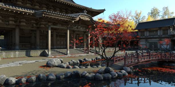 istock Old japanese palace in the fall 3d illustration 1347406707