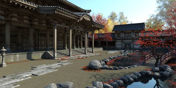 istock Old japanese palace in the fall 3d illustration 1347406733