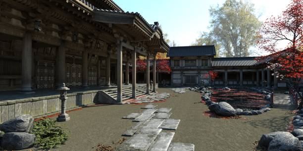 istock Old japanese palace in the fall 3d illustration 1347406748