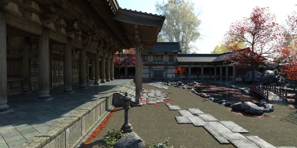 istock Old japanese palace in the fall 3d illustration 1347406758