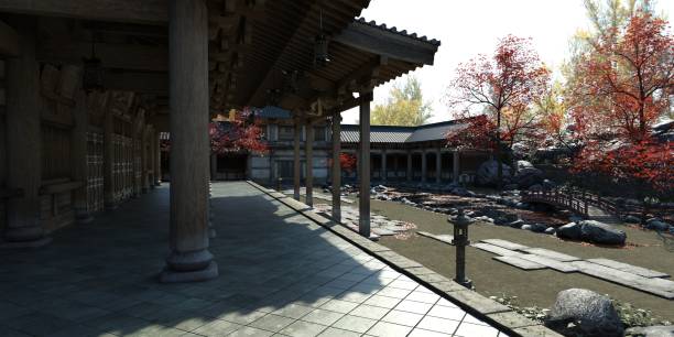 istock Old japanese palace in the fall 3d illustration 1347406770