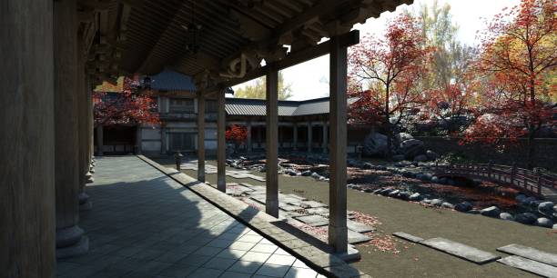 istock Old japanese palace in the fall 3d illustration 1347406788