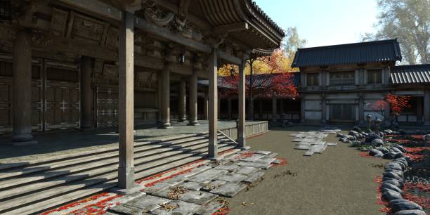 istock Old japanese palace in the fall 3d illustration 1347406802