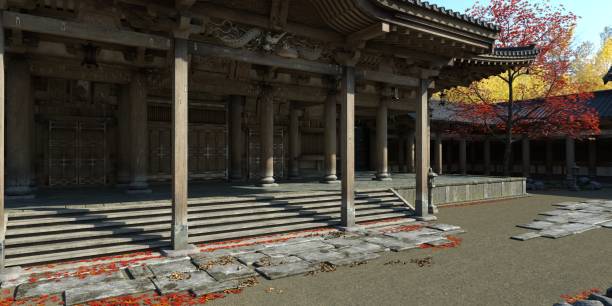 istock Old japanese palace in the fall 3d illustration 1347406833