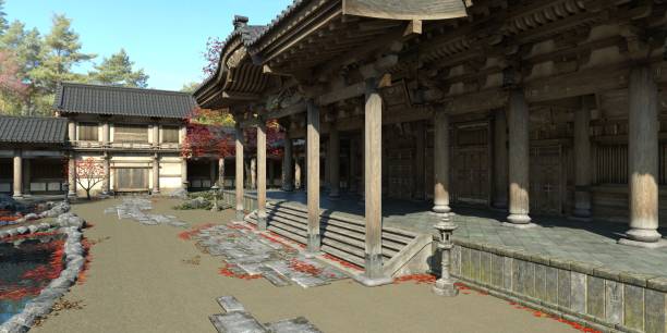 istock Old japanese palace in the fall 3d illustration 1347406875